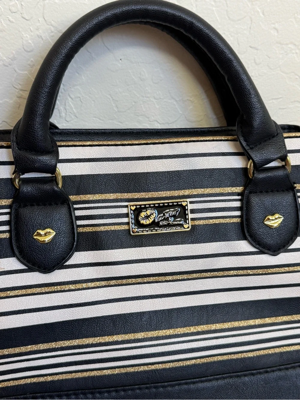 Luv Betsey by Betsey Johnson Striped Satchel Handbag Black White Gold Y2K